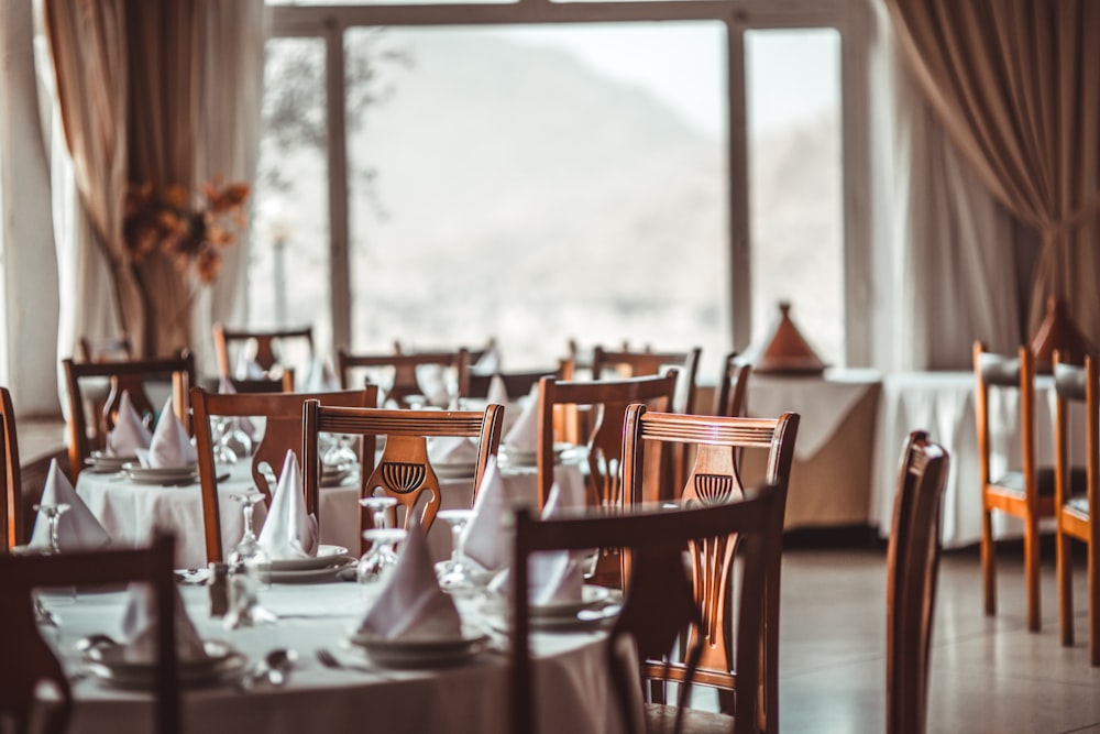 Elegant restaurant dining room with warm lighting